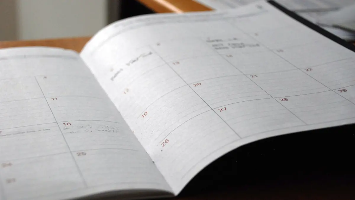 An open monthly planner on a wooden desk